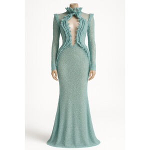 Albina Dyla Aqua Crystal Pearl Mesh Cutout Evening Formal Gala Couture Gown Sz S